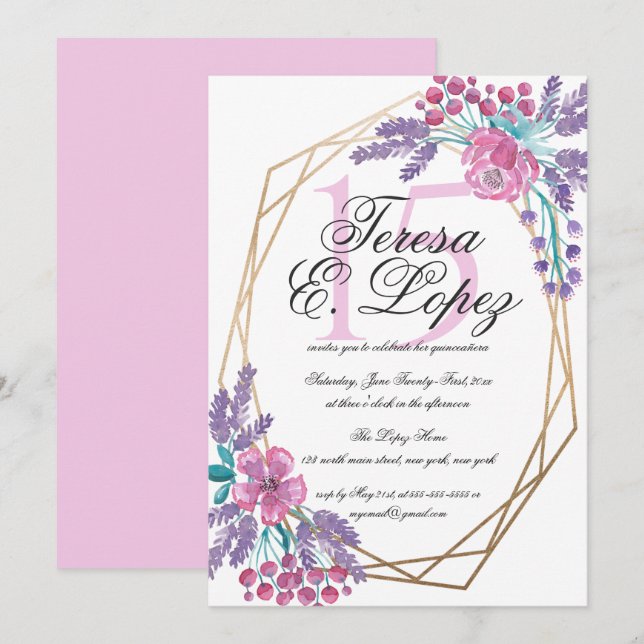 Convites Flores Douradas Terrarium Watercolor Quinceañera (Frente/Verso)