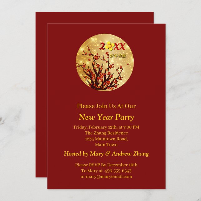 Convites Flores Douradas Vermelhas Felizes Chineses Ano Nov (Frente/Verso)