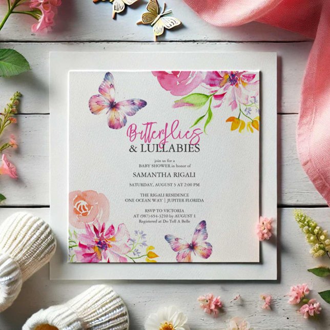 Convites Flores e bolachas para bebês borboletas (Butterfly baby shower invitations watercolor art by Victoria Grigaliunas Do Tell A Belle)
