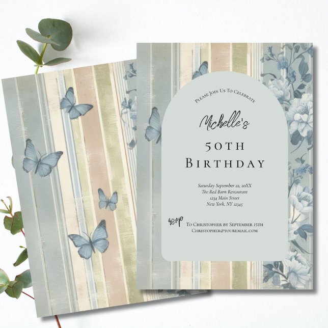Convites Flores e Borboletas em Aquarela Azul para Aniversá (Blue Floral Butterflies 50th Birthday Invitation Template. Printed or Digital Download Invitation.)