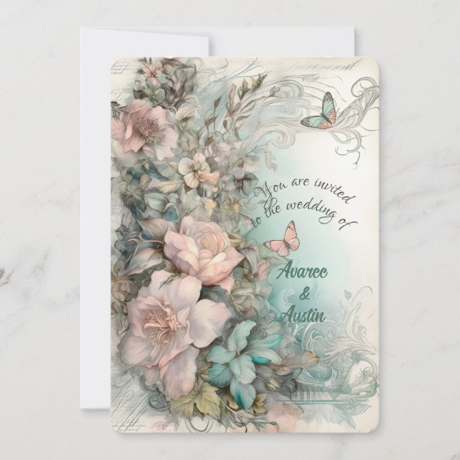 Convites Flores e Borboletas Rosa e Azul Vitorianas (Frente)