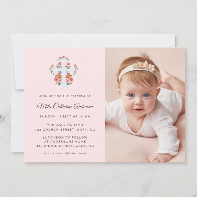 Convites Flores e Cruz no Batismo Fotográfico rosa-claro (Frente)