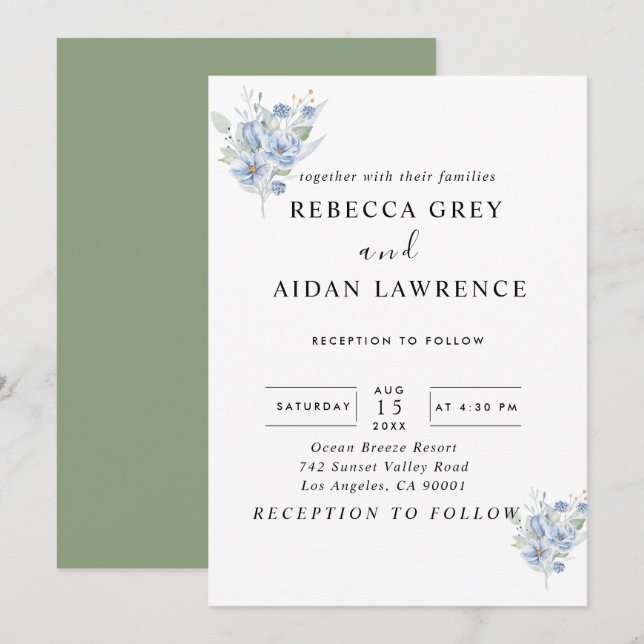 Convites flores e folhas aguadas azuis empoeiradas rústicas (Frente/Verso)
