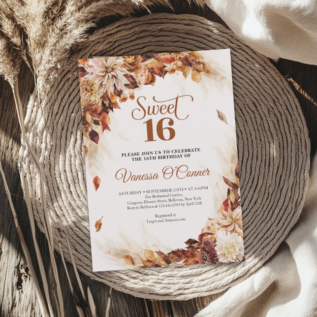 Convites Flores e folhas de cobre, de outono e 16 (Fall and autumn copper flowers and leaves invitation)