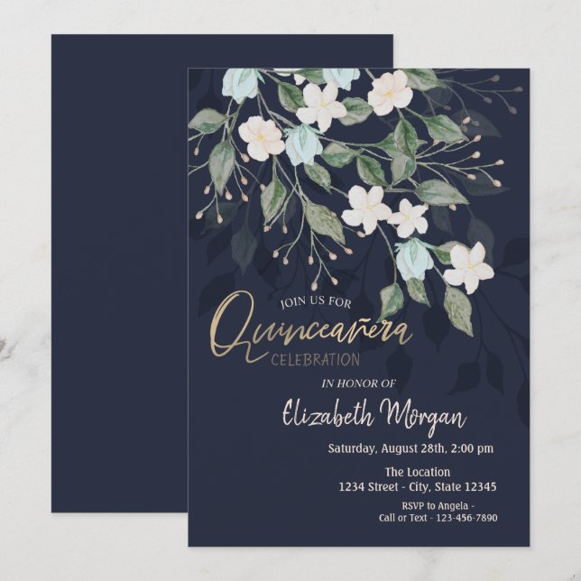 Convites Flores Elegantes Azul Marinho Quinceañera (Frente/Verso)