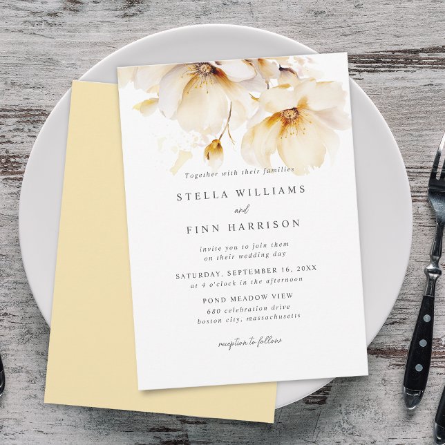 Convites Flores Elegantes Brancas Amarelas Douradas Casamen (Elegant Flowers White Yellow Gold Wedding Invitation)
