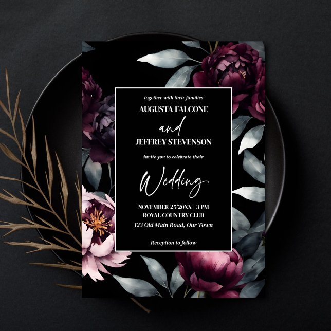 Convites Flores elegantes burgundy escuras e sombrias em tu (Dark moody burgundy flowers elegant all in one editable template wedding invitation digital download)