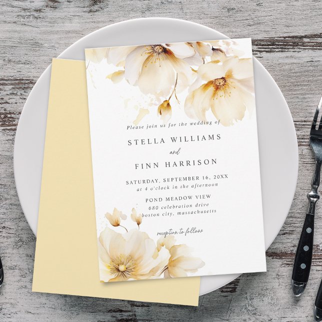 Convites Flores Elegantes Casamento Branco Amarelo Dourado (Elegant Flowers White Yellow Gold Wedding Invitation)