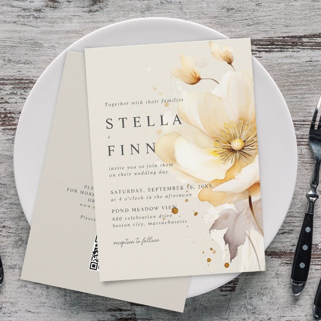 Convites Flores Elegantes Casamento Código QR Branco Amarel (Elegant Flowers White Yellow Gold QR Code Wedding Invitation)