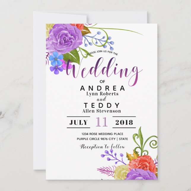 Convites Flores Elegantes| Casamento de Sangue Floral Roxo (Frente)