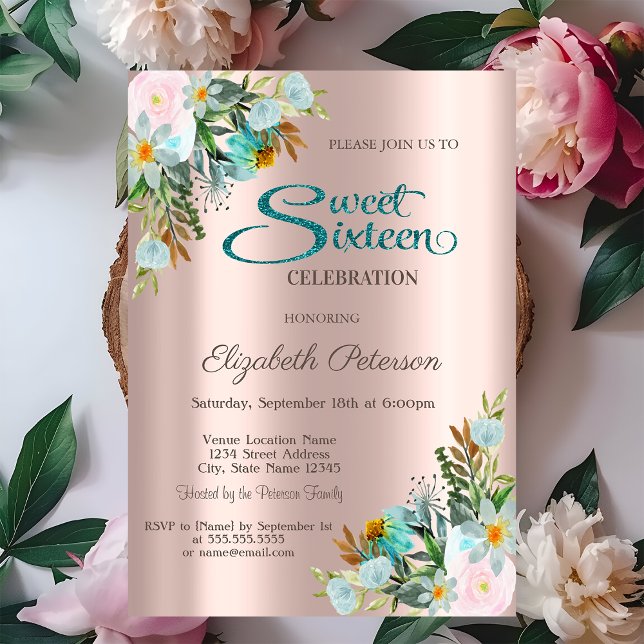 Convites Flores Elegantes Chic Rosa Dourada  Sweet 16   (Criador carregado)