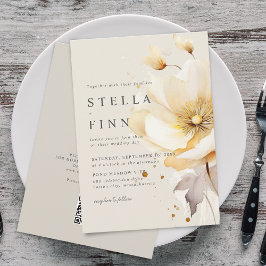 Convites Flores Elegantes Código QR Casamento Branco Amarel