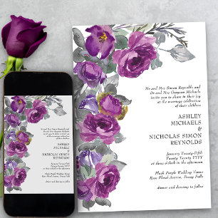 Convites Flores Elegantes de Aquarela Roxa Casamento Formal