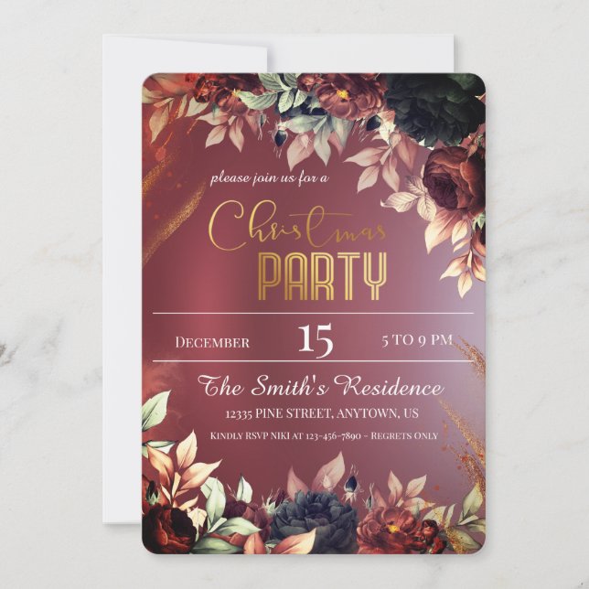 Convites Flores Elegantes de Burgund, Reinder de Natal Mági (Frente)