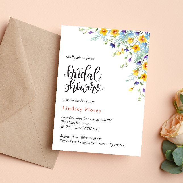 Convites Flores Elegantes de Jardim em Aquarela Chá de Noiv (Elegant garden flowers watercolor invitation creates a soft, romantic bridal shower tone)