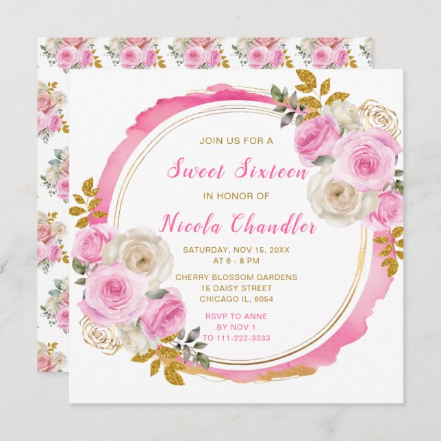 Convites Flores Elegantes Douradas e Rosa Brilhantes Doce D (Frente/Verso)