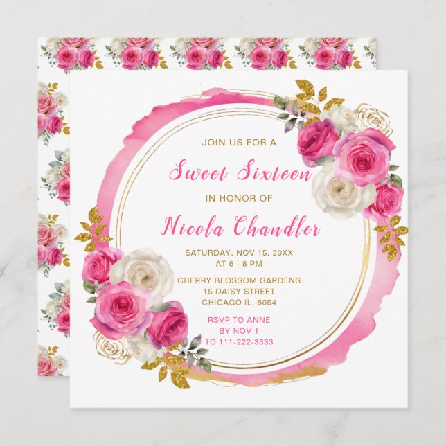 Convites Flores Elegantes Douradas e Rosa Quentes Doce Deze (Frente/Verso)