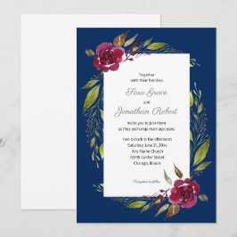 Convites Flores Elegantes em Aquarela Casamento Azul Marinh