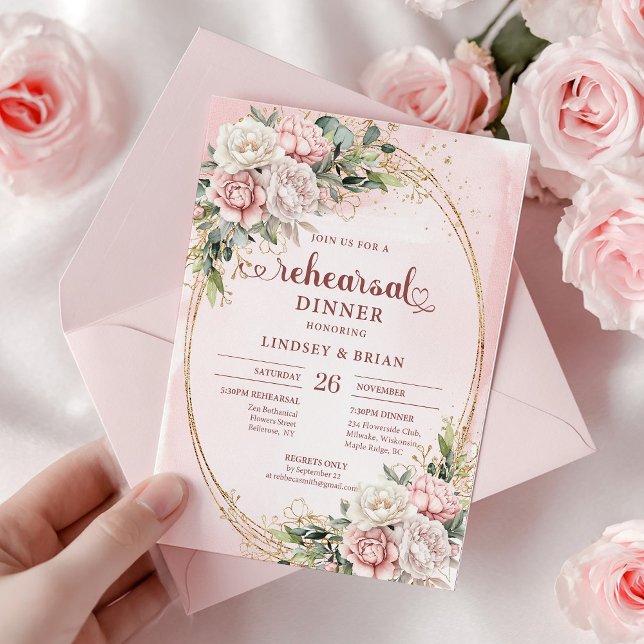 Convites Flores Elegantes em Aquarela Rosa Poeira Ensaio  (Elegant Watercolor Dusty Pink Flowers Rehearsal Dinner)