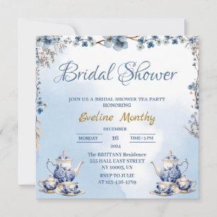 Convites flores elegantes em azul poeirento chá de panela c