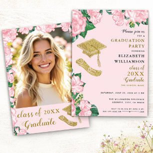 Convites Flores Elegantes Lavam Rosa e Graduação Dourada