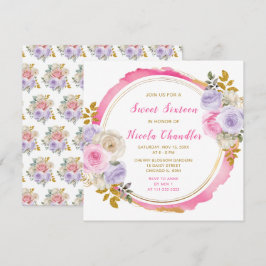 Convites Flores Elegantes Rosa e Roxo Doce Dezesseis