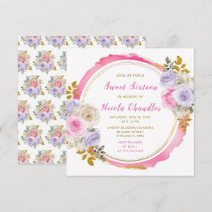 Convites Flores Elegantes Rosa e Roxo Doce Dezesseis