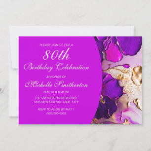 Convites Flores Elegantes Roxo Rosa Dourado 80º Aniversário
