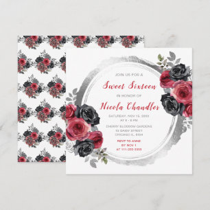Convites Flores Elegantes Vermelhas e Prateadas Sweet Sixte