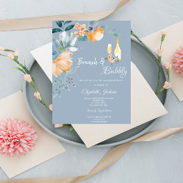 Convites Flores em Aquarela Azul Empoeirado Brunch & Bubbly