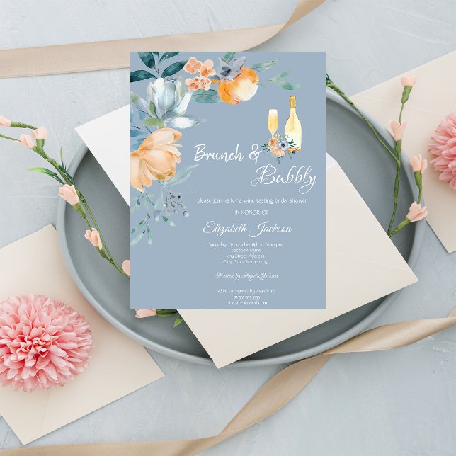 Convites Flores em Aquarela Azul Empoeirado Brunch & Bubbly (Criador carregado)