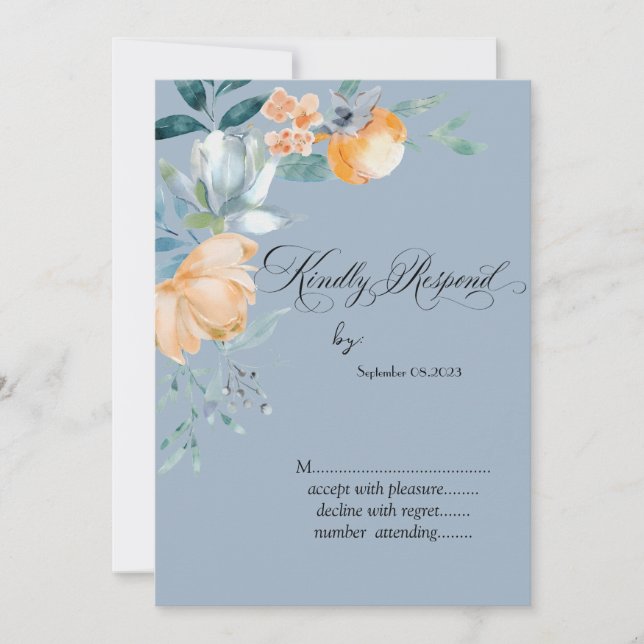 Convites Flores em Aquarela Azul Empoeirado RSVP (Frente)