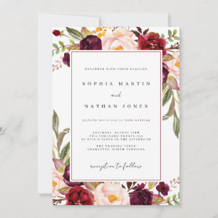 Convites Flores em Aquarela Burgundy para Casamento