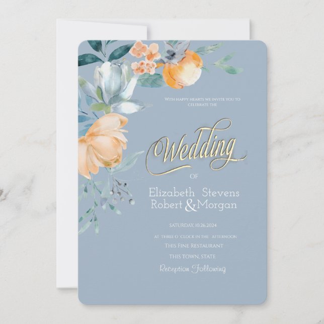 Convites Flores em Aquarela Casamento Azul Empoeirado (Frente)