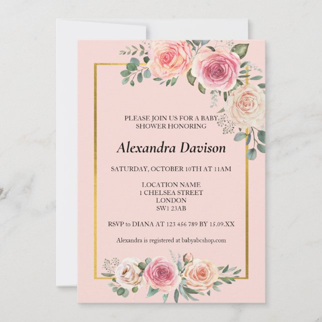 Convites Flores em Aquarela com Moldura Chá de Bebê Rosa (Frente)
