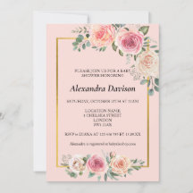 Flores em Aquarela com Moldura Chá de Bebê Rosa