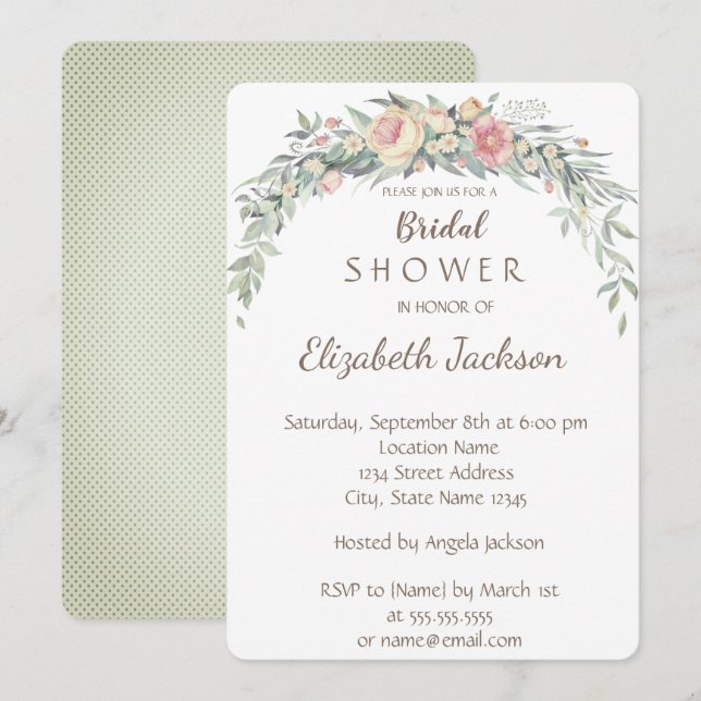 Convites Flores em Aquarela, Pontos Bridal Shower (Frente/Verso)