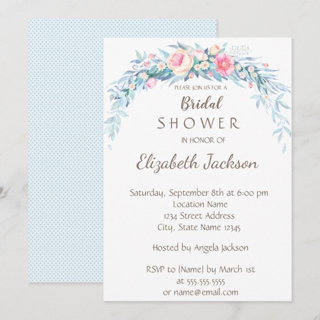 Convites Flores em Aquarela Pontos Bridal Shower (Frente/Verso)