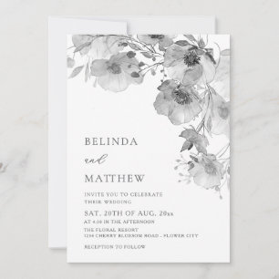 Convites Flores em Aquarela Preto e Branco para Casamento C