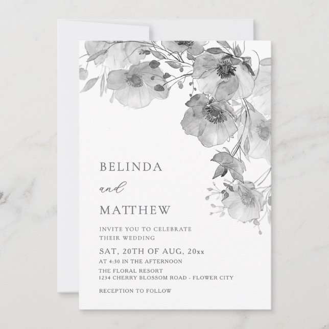 Convites Flores em Aquarela Preto e Branco para Casamento C (Frente)