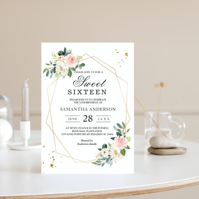 Convites Flores em Aquarela Rosa e Branco Elegantes com Pin (Criador carregado)