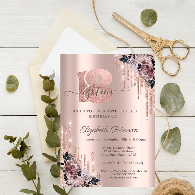 Convites Flores em Dourado Rosa com Brilho 18º Aniversário (Criador carregado)
