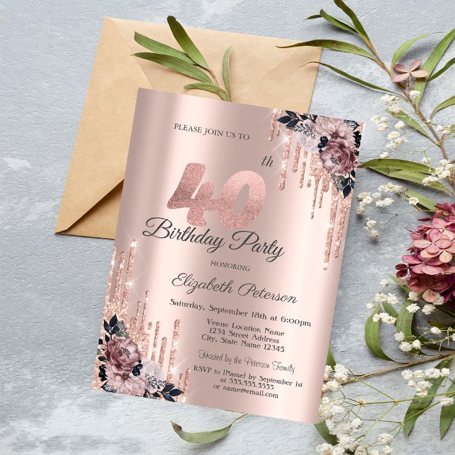 Convites Flores em Dourado Rosa com Brilho 40º Aniversário (Criador carregado)