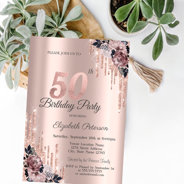 Convites Flores em Dourado Rosa com Brilho 50º Aniversário (Criador carregado)