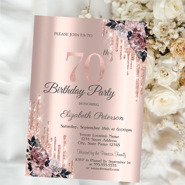 Convites Flores em Dourado Rosa com Brilho 70º Aniversário (Criador carregado)