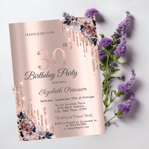 Convites Flores em Dourado Rosado com Brilho 30º Aniversári
