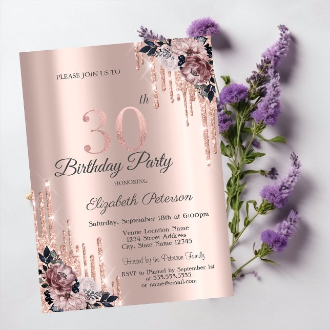 Convites Flores em Dourado Rosado com Brilho 30º Aniversári (Criador carregado)