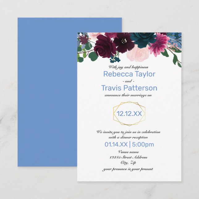 Convites Flores em Flor Azul -3x5 Anúncio/Casamento Recepçã (Frente/Verso)