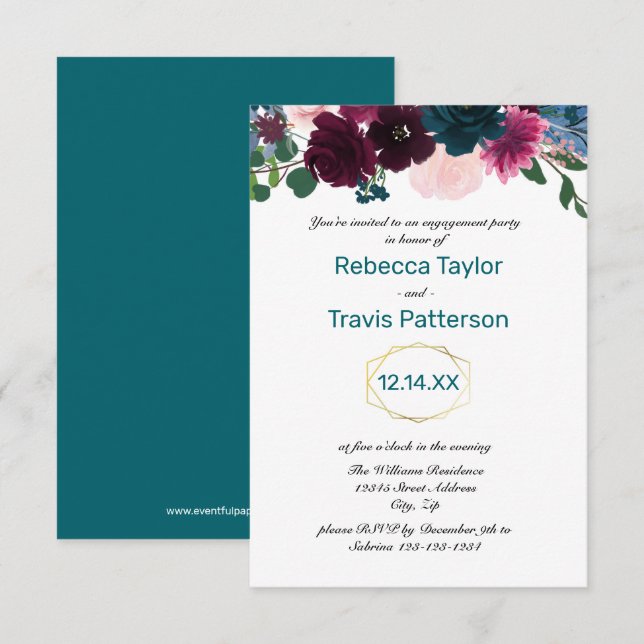 Convites Flores em Flor Teal Vert - Festa de Engajamento 3x (Frente/Verso)