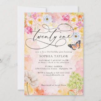 Convites Flores em pastel aquarela para 21º aniversário